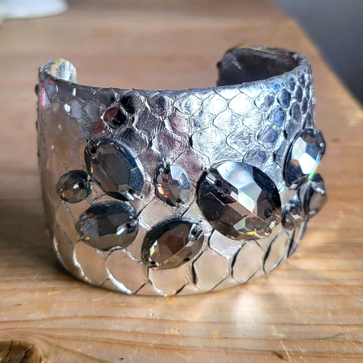 Ted Rossi Large Silver Python Cuff With Crystals